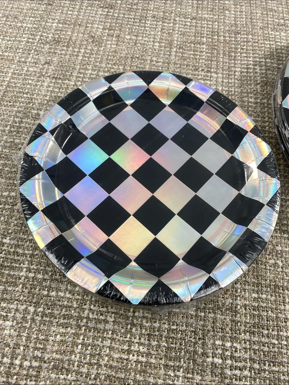 Holographic Black Checkered Paper Plates - Set of 2
